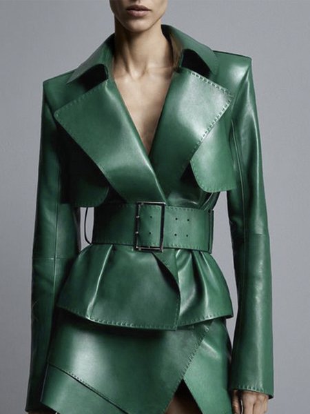 

Lapel Collar Elegant Regular Fit Long Sleeve Plain Jacket, Green, Jackets