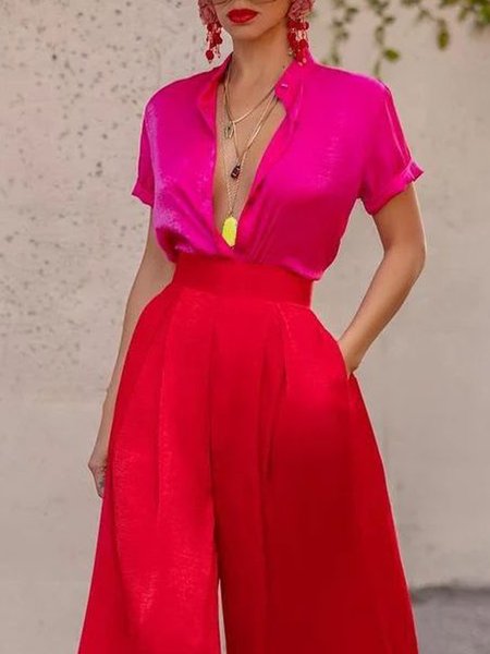 

Urban Regular Fit Shirt Collar Plain Blouse, Deep pink, Blouses and Shirts