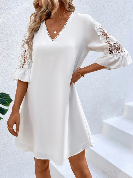 

Loose V Neck Lace Simple Dress, White, Dresses