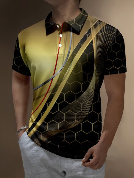 

3D Ombre Abstract Geometric Button Short Sleeve Polo Shirt, Black, Polo Shirts