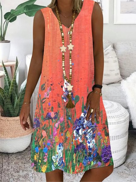 

Loose Casual V Neck Floral Dress, Multicolor, Dresses