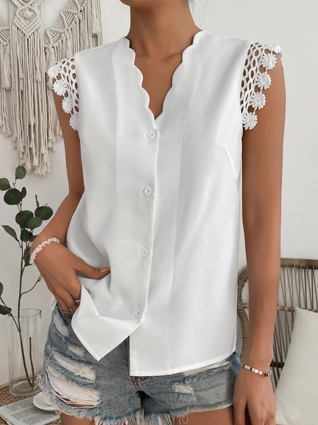 

Women's Solid Button Front V Neck Batwing Lace Sleeve Blouse, White, Shirts & Blouses