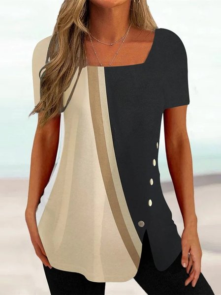 

Casual Color Block Square Neck Shirt, Black, Shirts & Blouses