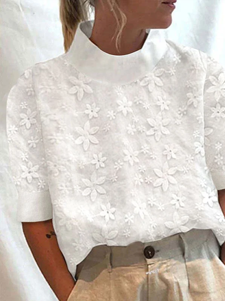 

Women Elegant Floral Lace Turtleneck White Short Sleeve Cotton And Linen Top, Tees & T-shirts