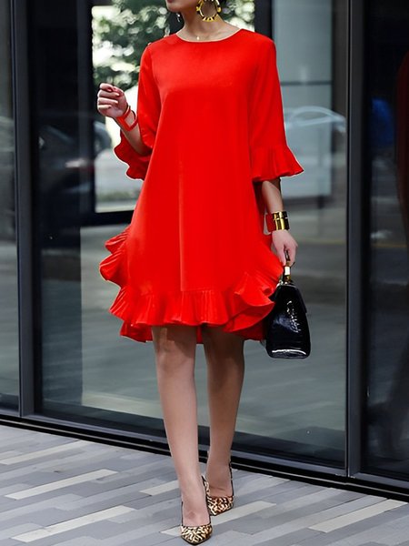 

Plain Crew Neck Loose Elegant Dress, Red, Mini Dresses