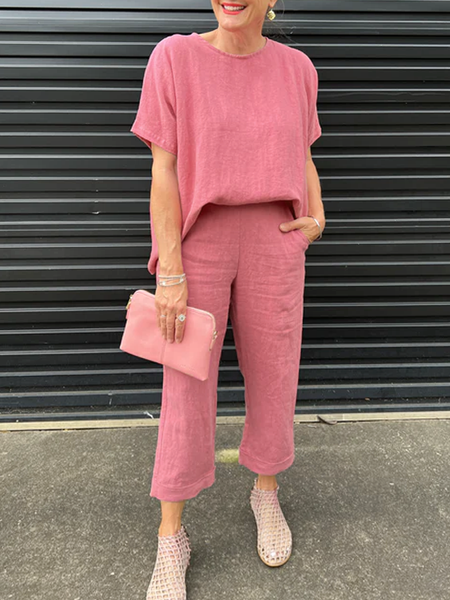 

Loose Cotton And Linen Crew Neck Linen Two-Piece Set, Dusty pink, Tops