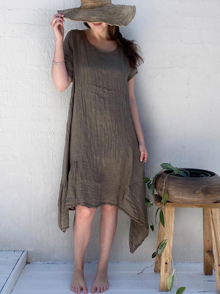 

Cotton And Linen Linen Plain Crew Neck Dress, Khaki, Dresses