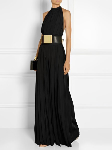 

Elegant Halter Plain Regular Fit Dress, Black, Maxi Dresses