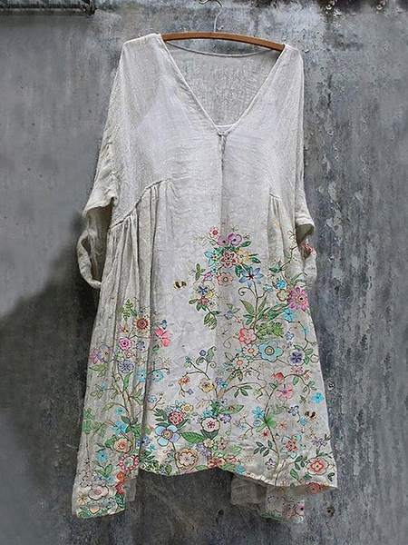 

Loose Cotton And Linen V Neck Linen chambray distressed patchwork top, Off white, Tunics