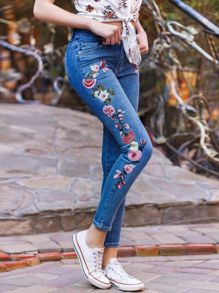 

Casual Floral Denim Embroidery Jeans, Blue, Jeans