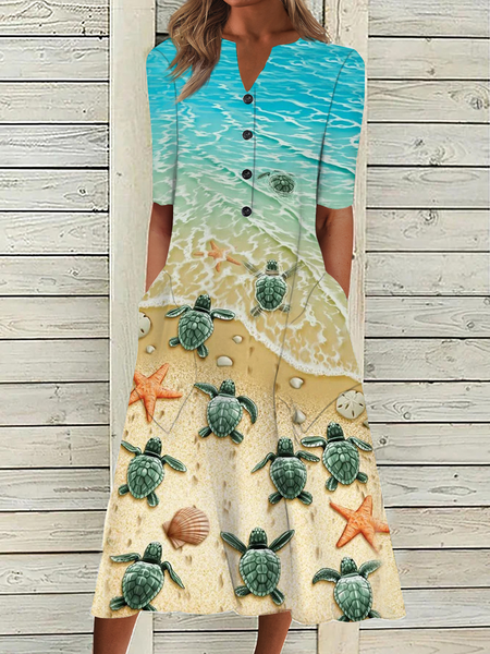 

Loose Buttoned Knitted Vacation Dress, Blue, Dresses