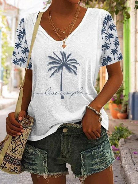 

Casual Loose Coconut Tree V Neck T-Shirt, White, T-Shirts