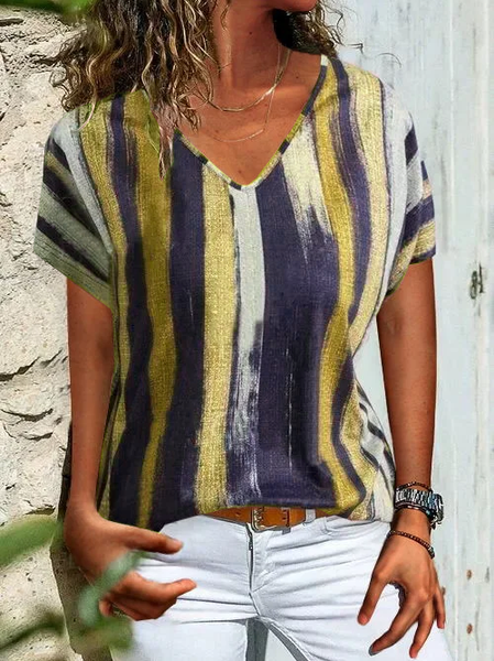 Stripes V Neck Basic Shift T shirt