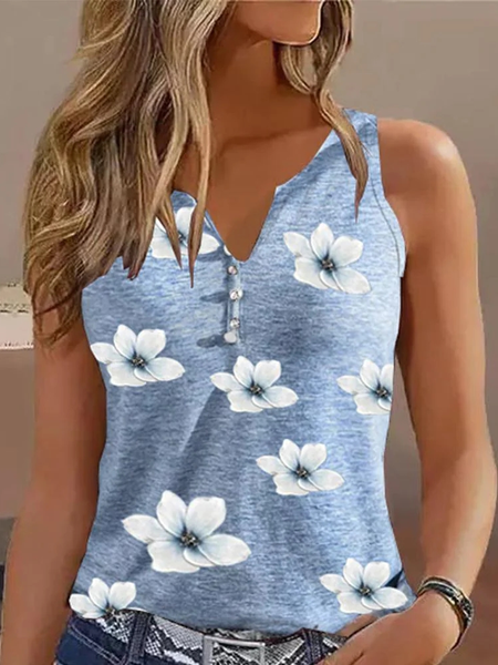 Floral Loose Casual V Neck Tank Top, Blue, Tanks & Camis