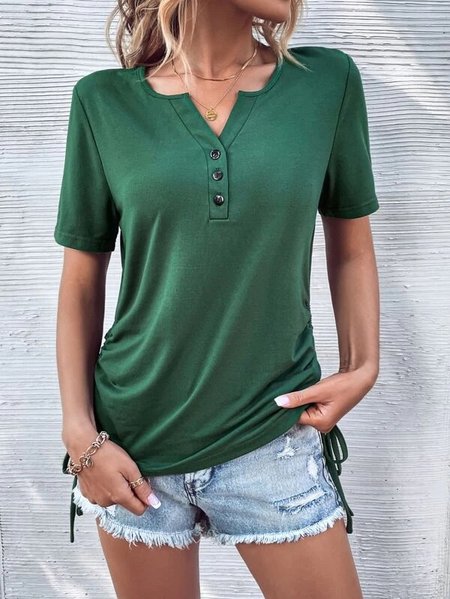 

Notched Plain Casual Loose T-Shirt, Deep green, T-Shirts