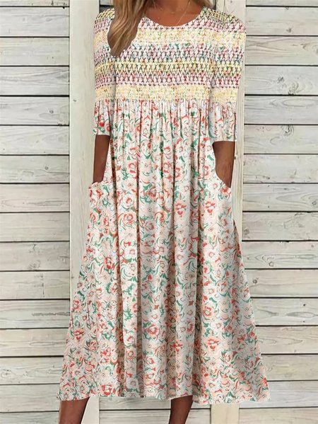 

Casual Floral Loose Crew Neck Dress, Apricot, Dresses