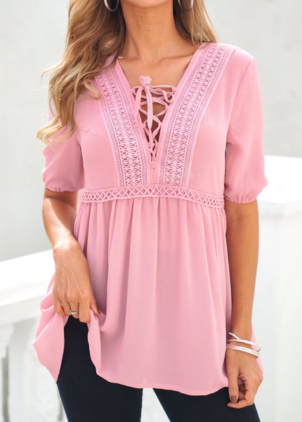 

Casual Loose Plain V Neck Shirt, Pink, Shirts & Blouses