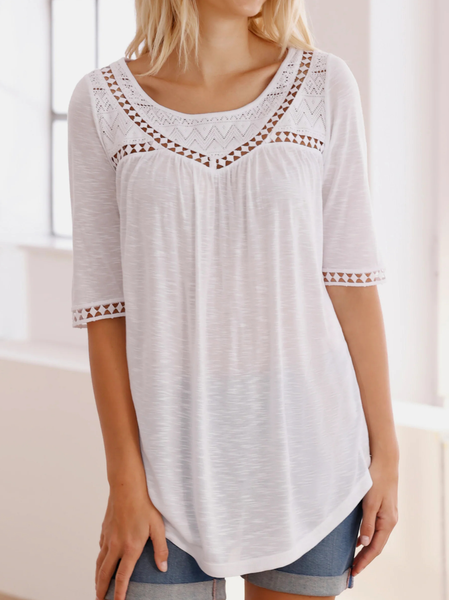 

Lace Casual Loose Crew Neck Plain T-Shirt, White, T-Shirts