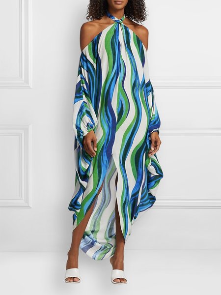 

Abstract Vacation Loose Halter Maxi Dress, Blue, Maxi Dresses
