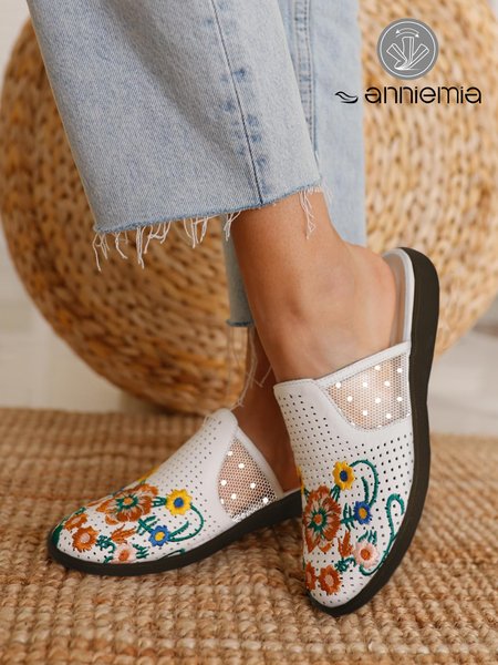 

White Floral Embroidery Lace Split Joint Mules, Flats