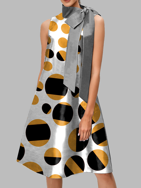 

Loose Polka Dots Stand Collar Sleeveless Elegant Skirt Dress, As picture, Mini Dresses
