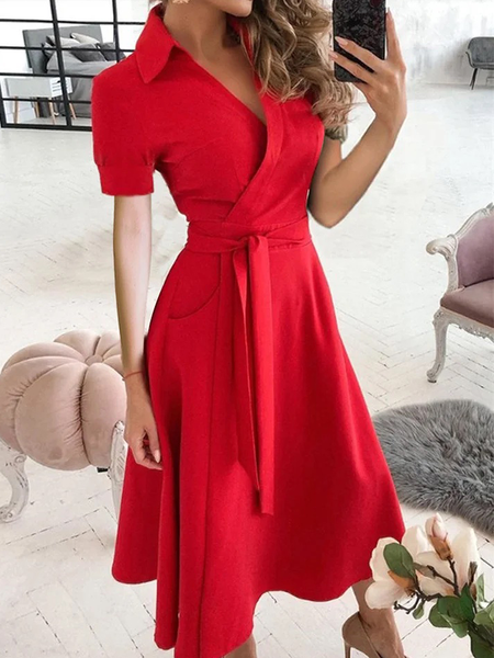 

Shirt Collar Plain Elegant Regular Fit Short sleeve Midi Dress, Red, Midi Dresses