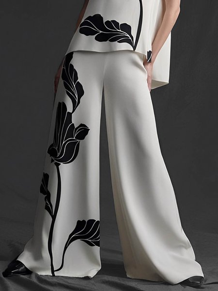 

Floral Elegant Fashion Wide Leg Pants, Off white, Pants