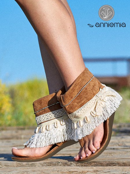 

West Style Brown Conch Decor Tassel Sandals Boots, Sandals