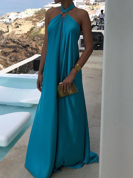 

Loose Elegant Plain Halter Sleeveless Long Dress, Blue, Maxi Dresses