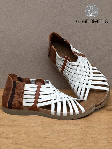 

Vintage White Color Block Braided Gladiator Sandals with Zip, Sandals