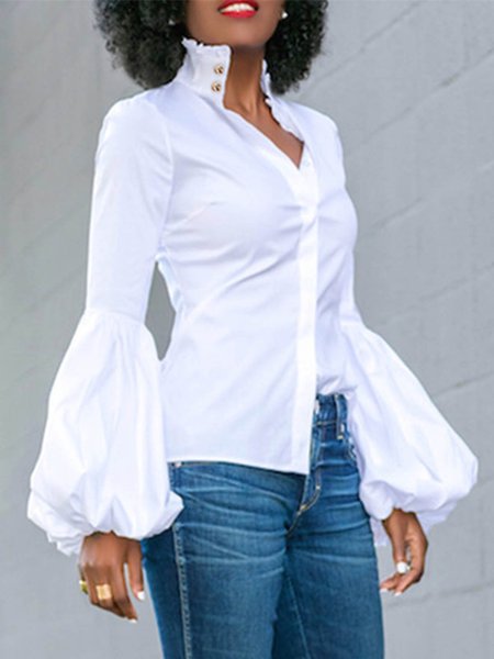 

Plain Regular Fit Stand Collar Urban Blouse, White, Blouses and Shirts