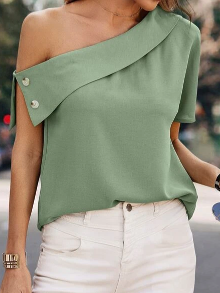 Plain Loose Asymmetrical Neck Casual Shirt, Green, Shirts & Blouses