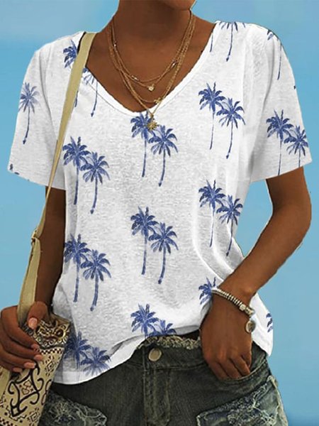 

Coconut Tree V Neck Casual T-Shirt, White, Tees & T-shirts