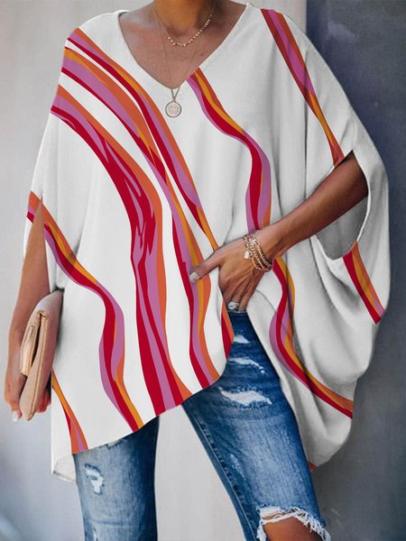 

V Neck Urban Loose Abstract Stripes Shirt, White, Blouses and Shirts