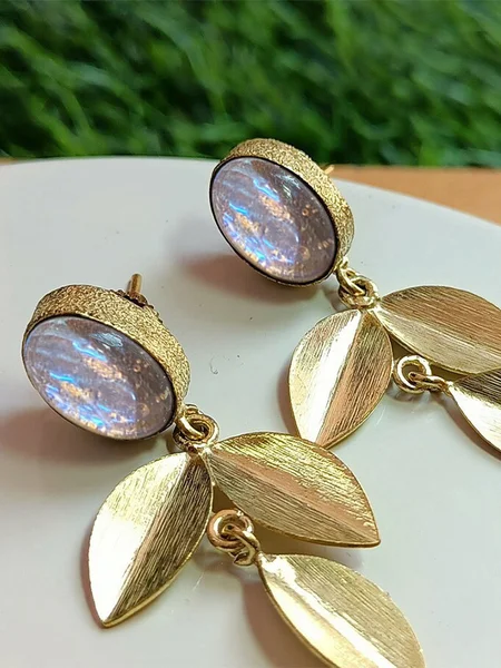 

Casual Natural Opal Gold Leaves Pattern Earrings Everyday Ethnic Jewelry, Golden, Earrings