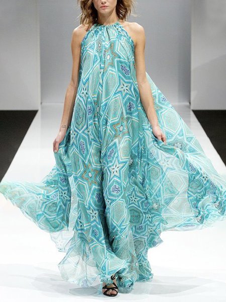 

Star Loose Vacation Halter Maxi Dress, Blue, Maxi Dresses