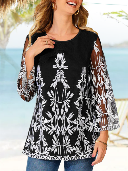 

Embroidered Black 3/4 Sleeve Round Neck T Shirt, Shirts & Blouses
