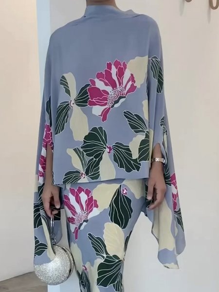 

Regular Fit Elegant Stand Collar Floral Shirt, Gray, Blouses and Shirts
