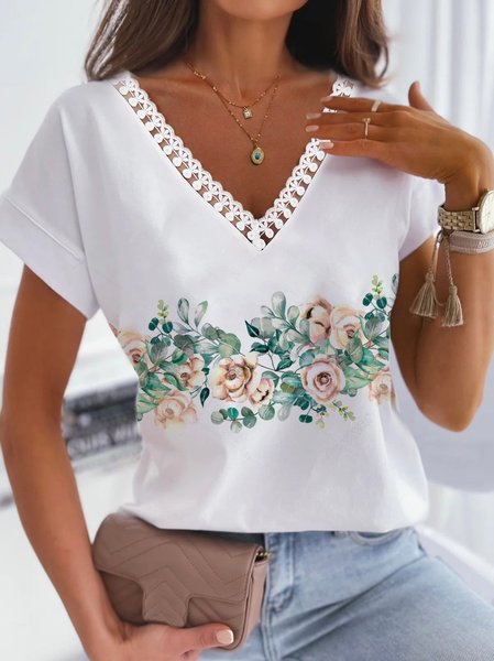 

Casual Loose V Neck Lace Floral Shirt, White, T-Shirts