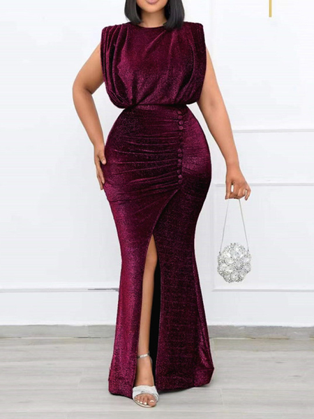 

Floor-Length Round Neck High Waist Party Dress, Red, Maxi Dresses