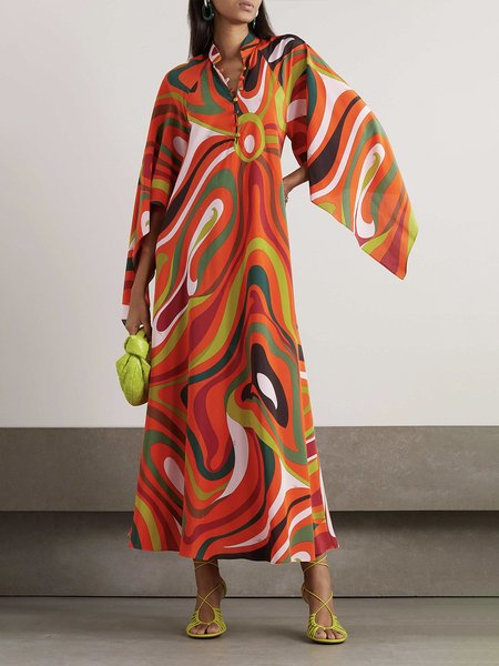 

Three Quarter Daily Regular Fit Stand Collar Vacation Dress, Orange, Maxi Dresses