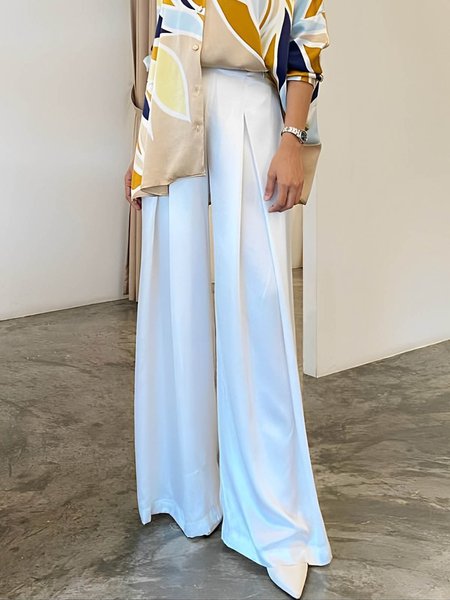

Elegant Plain Fashion Wide Leg Pants, White, Pants