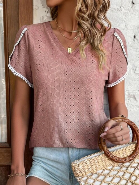 

V Neck Plain Casual T-Shirt, Dusty pink, T-Shirts
