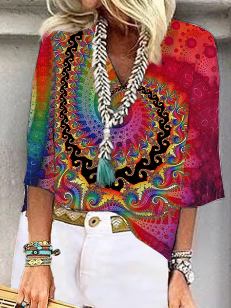 

Loose Tie-Dye Pattern Casual V Neck Shirt, Red, Shirts & Blouses