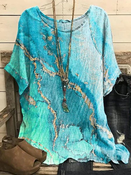 

Linen Crew Neck Loose Ombre Shirt, Blue, Shirts & Blouses