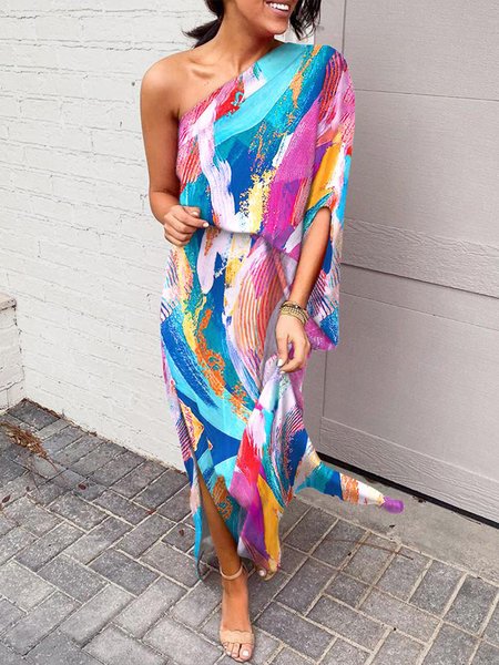 

Abstract Vacation Cold Shoulder Dress, Multicolor, Maxi Dresses