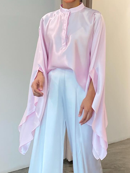 

Urban Loose Stand Collar Half sleeve Plain Blouse, Pink, Blouses and Shirts