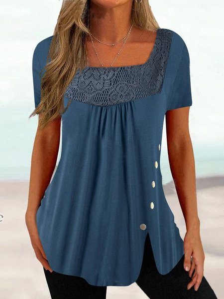 

Lace Square Neck Casual Loose Shirt, Blue, Tunics