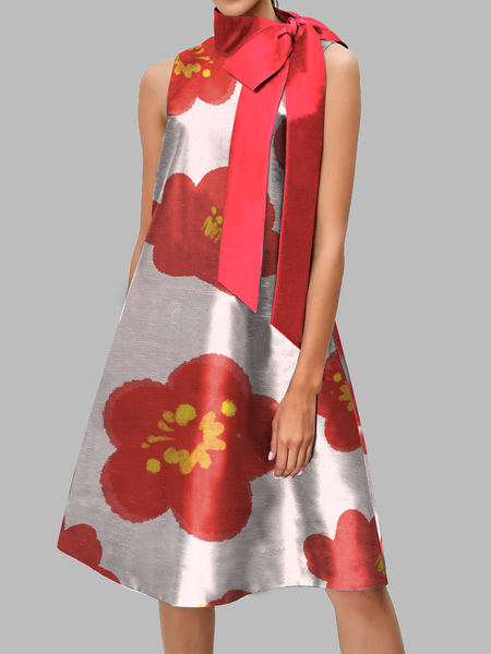 

Regular Fit Floral Stand Collar Elegant Skirt Sleeveless Dress, Red, Mini Dresses