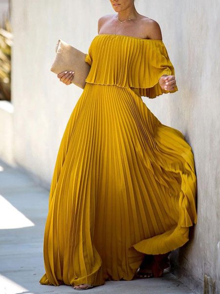

Vacation Plain Loose Cold Shoulder Dress, Yellow, Maxi Dresses